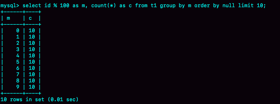图 9 group + order by null 的结果(磁盘临时表)